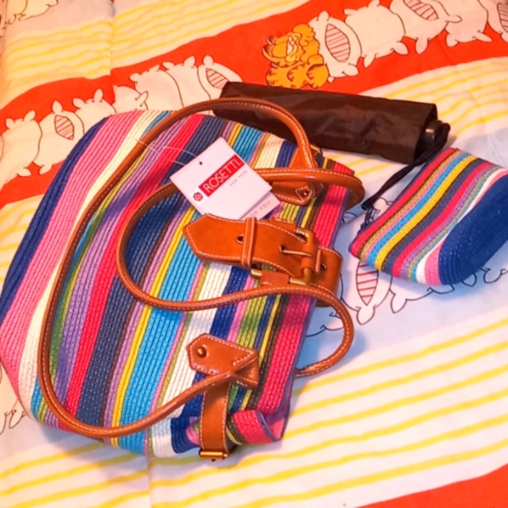 NWT Rosetti NY,Rainbow Colored🌈Woven Handbag/Matching Cosmetic Case  & Umbrella